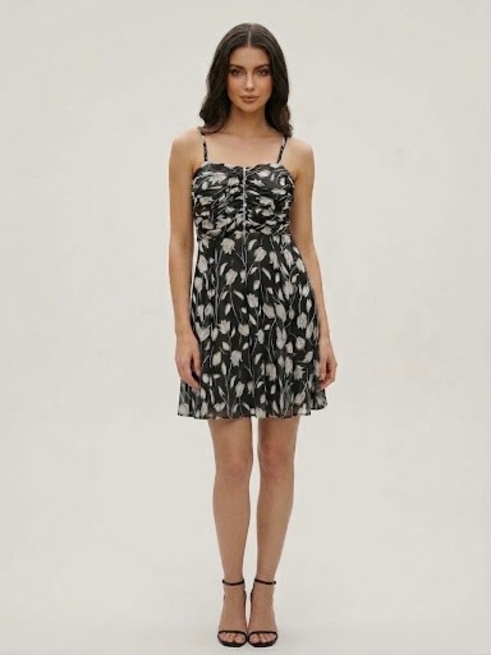White House Black Market Black & White Tulip Print Ruched Midi Dress